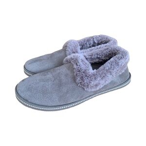 Skechers Woman’s Suede Grey Faux Fur Slippers- Cozy